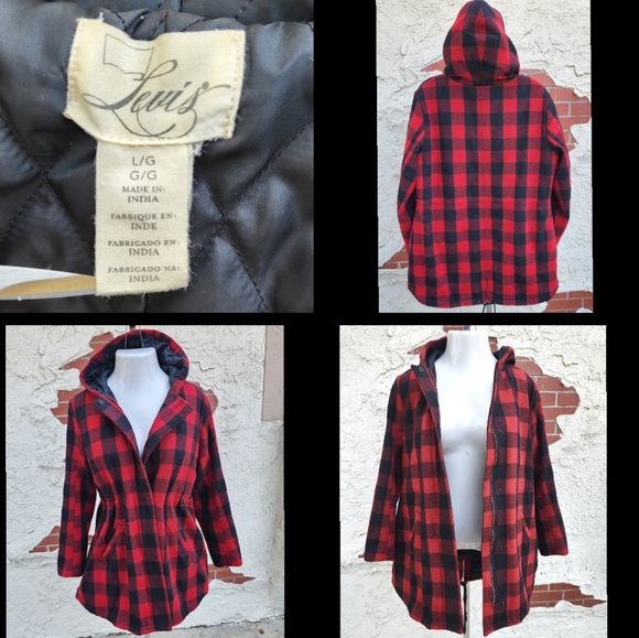 Large LEVI'S red black Buffalo plaid checkers hooded coat jacket quilted lining - Picture 2 of 16